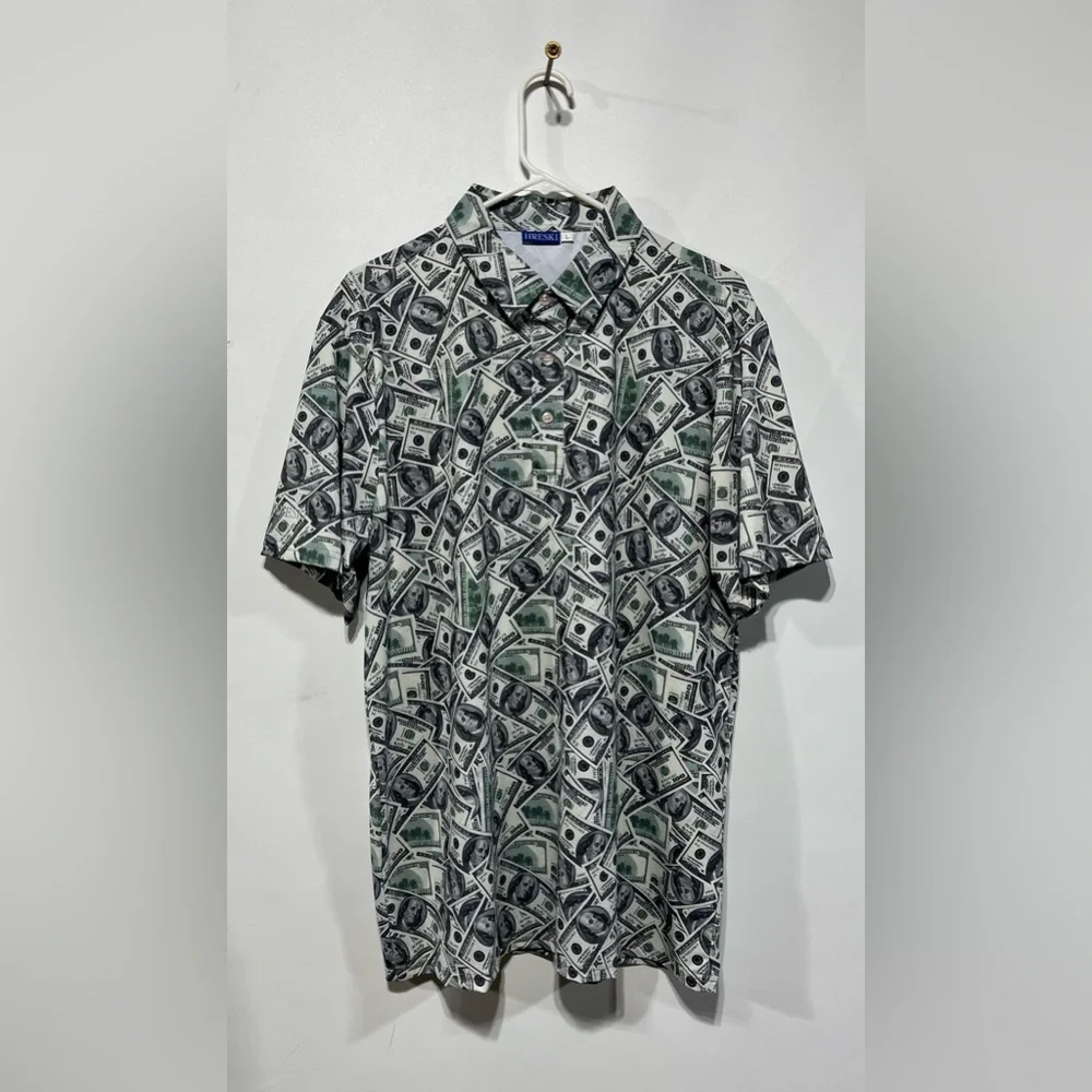 HRESKI Green & White $100‎ Money-Print Golf Polo Shirt Size Large NWOT